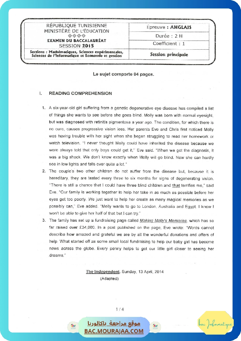 Sujet principale anglais Bac 2015 – Section info